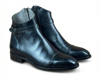 Handmade Black Leather Dress Boots with Side Buckle, Men’s Premium Ankle Boots, Luxury Cap Toe Leather Boots with Zipper