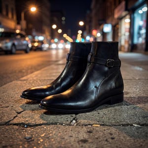 May include: A pair of black leather ankle boots with buckle details. The boots are displayed on a cracked concrete surface, with a blurred city street and lights in the background. The boots have a sleek, polished appearance.