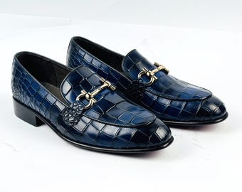 Handmade Blue Alligator Embossed Loafers with Gold Bit, Men’s Luxury Slip-On Dress Shoes, Premium Textured Leather Loafers
