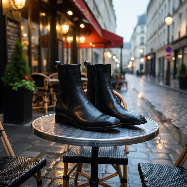 May include: A pair of black leather ankle boots with zips, presented on a small, round table. The boots have a sleek, modern design. The background shows a European street scene with a red awning and streetlights.