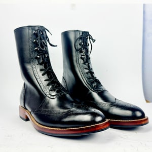 Men's Black Brogue Combat Boots Lace Up | Handmade Full Grain Leather | Wingtip Ankle Boots | Blake Stitch | Made to Order