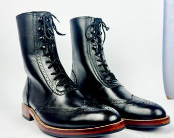 Men's Black Brogue Combat Boots Lace Up | Handmade Full Grain Leather | Wingtip Ankle Boots | Blake Stitch | Made to Order