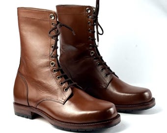Handmade Brown Combat Boots, Men's Lace Up Military Boots, Custom Leather Work Boots, Premium Full Grain Leather