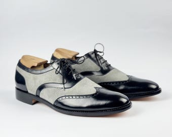 Handmade Two Tone Spectator Shoes, Men's Black White Wingtip Oxfords, Custom Brogue Dress Shoes, Premium Leather Suede