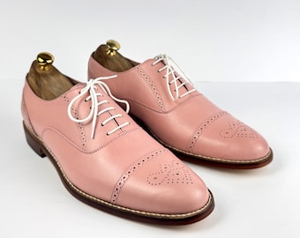 Men's Pink Oxford Shoes Cap Toe | Handmade Full Grain Leather | Brogue Dress Shoes | White Laces | Blake Stitch | Made to Order