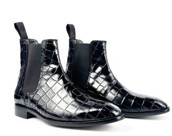 Men's Black Chelsea Boots Crocodile Pattern | Handmade Full Grain Leather Boots | Custom Ankle Boots | Men Formal Boots | Made to Order