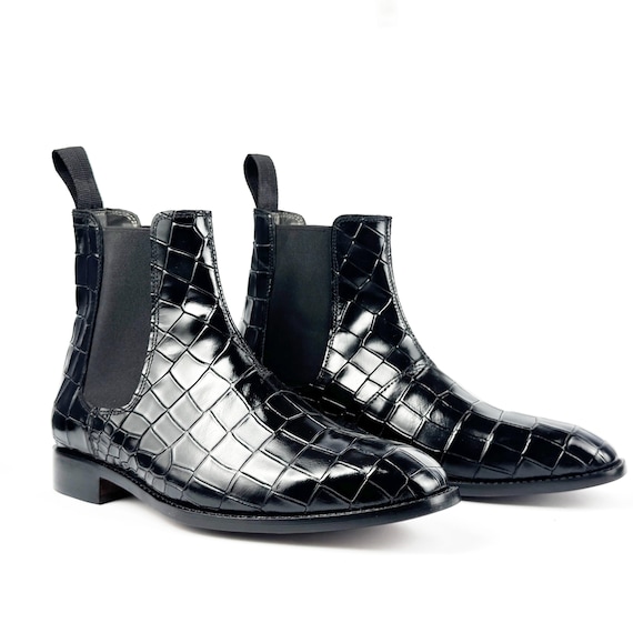 Men\'s Black Croc-Texture Leather Chelsea Boots Buy Men main image 3