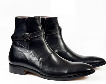 Black Monk Strap Boots Men, Handmade Leather Dress Boots, Goodyear Welt, Formal Office Boots, Groomsmen Gift