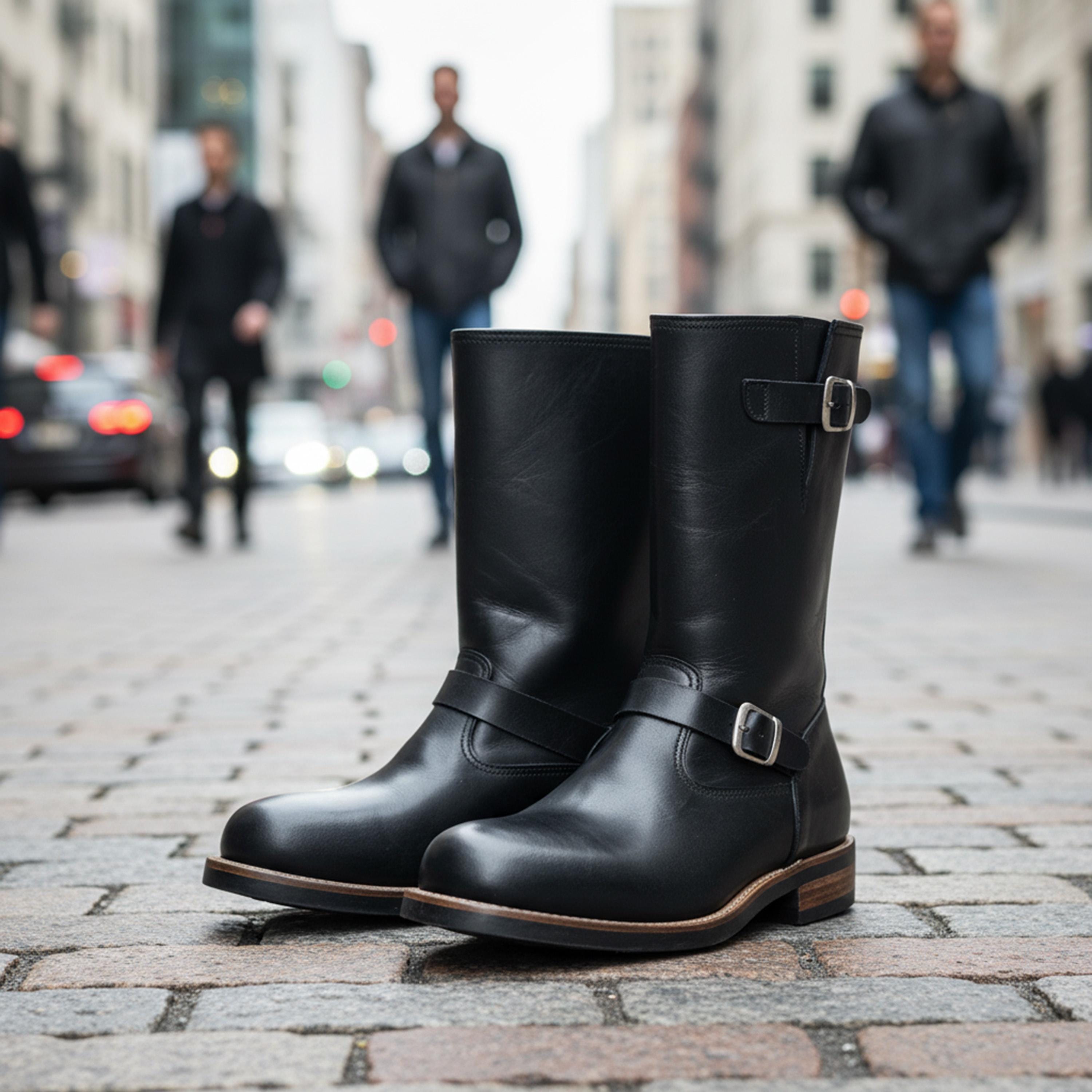 Black Engineer Boots Men, Full Grain Leather Mid Calf Boots, Double ...