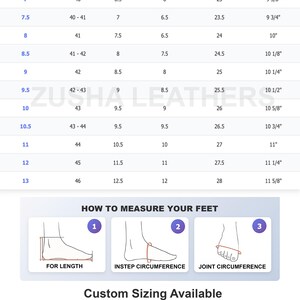 May include: A shoe size conversion chart with US, Euro, UK, Mexico, and Japanese sizes, plus inches. Includes diagrams on how to measure feet for length, instep circumference, and joint circumference. Text: "Zusha Leathers" and "Custom Sizing Available".