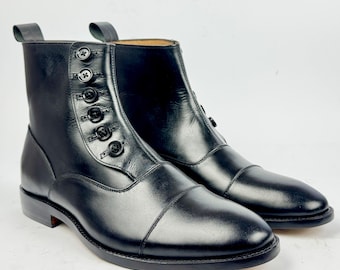 Men's Black Ankle Boots Button Detail | Handmade Full Grain Leather | Cap Toe Victorian Boots | Blake Stitch | Made to Order