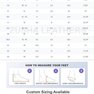 May include: A shoe size conversion chart showing US, Euro, UK, Mexico, and Japanese sizes, plus inches. Includes diagrams for measuring foot length, instep circumference, and joint circumference. Text: "Zusha Leathers".
