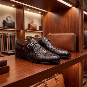 Könnte beinhalten: Ein Paar braune Lederschuhe mit Krokodiltextur und silbernen Schnallen, ausgestellt auf einem Holzregal. Die Schuhe sind Teil einer Kollektion von Lederwaren, darunter Taschen und Geldbörsen.