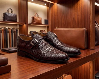Mens Burgundy Alligator Print Single Monk Strap Shoes | Exotic Leather Mens Formal Dress Shoes | Wedding, Party & Groom Footwear