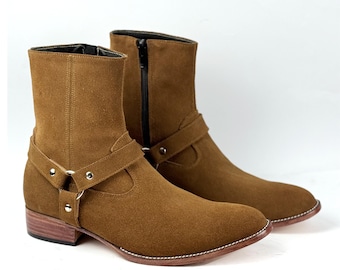 Bottines harnais en daim marron clair faites main, Bottines chelsea camel pour hommes, Bottines zippées personnalisées, Daim pleine fleur de qualité supérieure