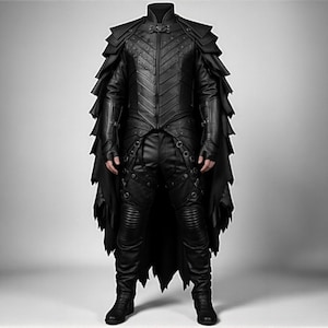 May include: A full-body shot of a black leather outfit. The ensemble includes a jacket with a high collar and layered shoulder accents, matching pants, and a cape-like feature. The jacket has a chevron design down the front. The outfit is detailed with rivets and straps.