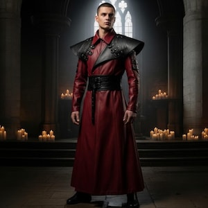 Handmade Red & Black Leather Trench Coat: Gothic Vampire Cosplay