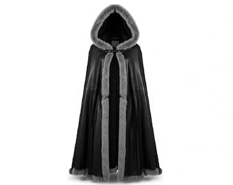 ブラックレザーケープ、フード付きウールマント、冬用セーターコート