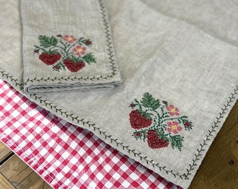 Strawberry Machine Embroidered Linen Napkin | Cottagecore Kitchen Decor | Reusable Cloth Napkin