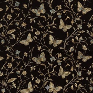 May include: A black background with a repeating pattern of butterflies, flowers, and vines in shades of gold, beige, and light blue. The butterflies are detailed with intricate wing patterns, creating a nature-inspired design.