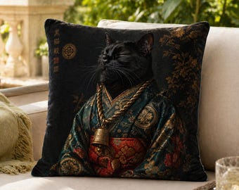 Black cat Japanese-style attire Print Cushion Cover, Animal Skin Pillow, Organic fabric Cushion, Reversible Cushion, Suede Pillow