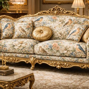 Op de afbeelding: Een sierlijke bank met bloemmotieven en gouden details. De crème stof is versierd met bloemen en vogelmotieven. Sierkussens en een gouden rond kussen versterken de luxe uitstraling. Een klassiek meubelstuk voor een woonkamer.