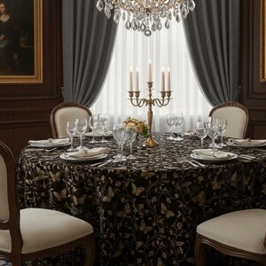 May include: Elegant dining room with a round table set for a meal. The table is covered with a dark tablecloth featuring a butterfly pattern. Six cream-colored chairs surround the table. A chandelier hangs above, and artwork adorns the walls.