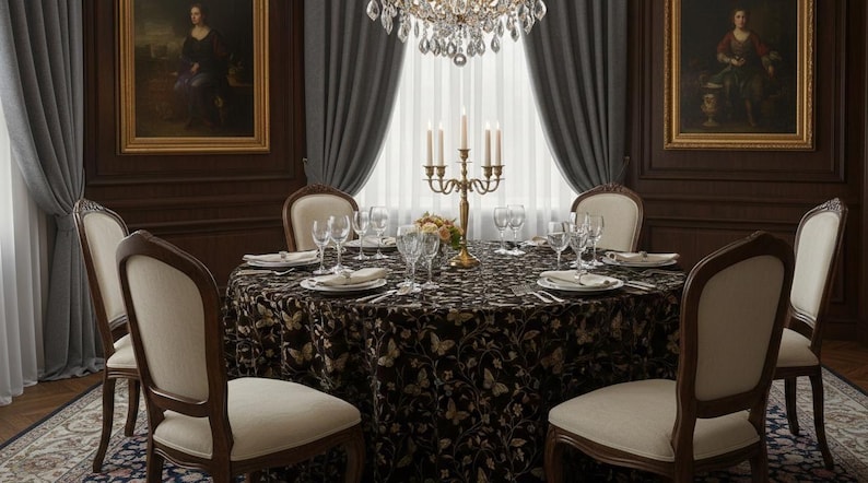 May include: Elegant dining room with a round table set for a meal. The table is covered with a dark tablecloth featuring a butterfly pattern. Six cream-colored chairs surround the table. A chandelier hangs above, and artwork adorns the walls.