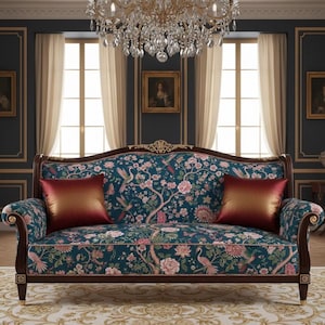 Könnte beinhalten: Ein tealfarbenes Sofa mit floralem Muster, einem dunklen Holzrahmen und zwei rot-orangen Kissen. Das Sofa hat ein botanisches Design mit Vögeln und Blumen. Der Raum hat einen Kronleuchter und gerahmte Kunstwerke.