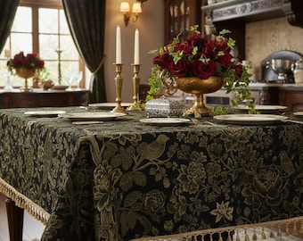 Black and gold floral bird  Indian Traditional Cotton Poly modern floral  Print Tablecloth