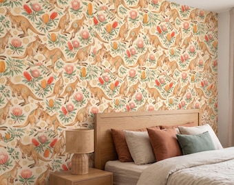 Kängurus und einheimische australische Blumen wie Proteas-Motive - Art Wallpaper - Pre-Pasted