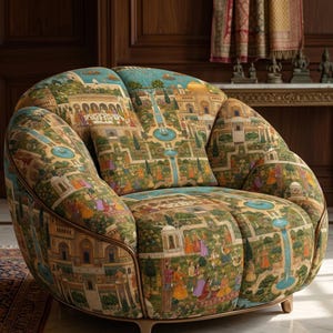 May include: A large, rounded armchair with a detailed, colorful print depicting an outdoor scene with fountains, buildings, and figures. The chair has a wooden frame and a matching pillow. The overall color scheme is dominated by greens, blues, and browns.