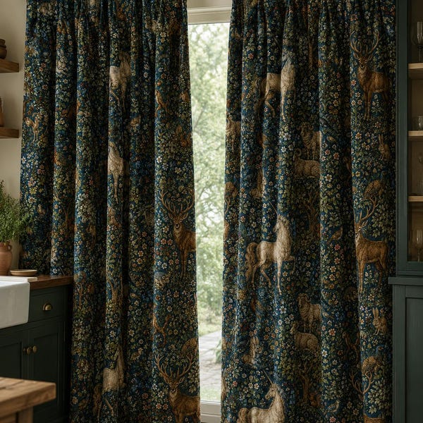 Cortinas con escena de bosque y criaturas míticas, panel floral denso, para sala de estar.