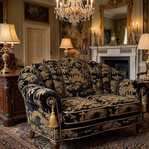 Chinoi in charcoal Pattern Upholstery Fabric - Arts and Crafts Banana Leaf Print