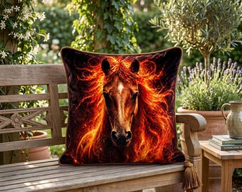 Funda de cojín con estampado de caballo en llamas, almohada de piel de animal, cojín de tela orgánica, cojín reversible, almohada de gamuza
