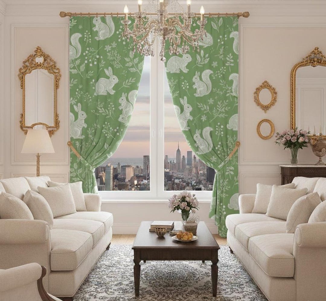 Rabbits, Squirrels, and Hedgehogs. Window Curtains, Dense Floral Panel ...