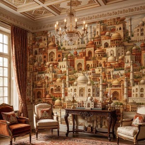 May include: An ornate room with a detailed mural depicting a city with domes and minarets. The room features a chandelier, two armchairs, a table, and a window with a patterned curtain. The color palette includes shades of orange, beige, and gold.