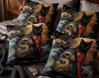 Funda de cojín con estampado de gato negro, dragón dorado y flores, almohada de piel de animal, cojín de tela orgánica, cojín reversible, almohada de gamuza