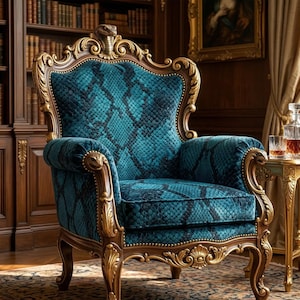 Op de afbeelding: Rijk versierde fauteuil met een turquoise slangenprint bekleding en een donkerhouten frame. De stoel heeft gouden accenten, waaronder een slangenkop aan de bovenkant van de rugleuning en op de armleuningen. De kamer heeft een boekenkast en een bijzettafel.