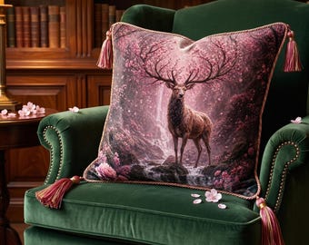Funda de cojín con majestuoso ciervo y cerezos en flor, almohada de piel de animal, cojín de tela orgánica, cojín reversible, almohada de gamuza
