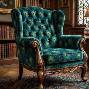 May include: An elegant armchair with a high back and a detailed wooden frame. The chair is upholstered in teal fabric featuring a peacock feather design. The wooden frame has gold detailing. The chair sits on a patterned rug.