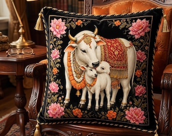 Funda de cojín de vaca Kamdhenu, almohada de piel de animal, cojín de león, cojín de tela orgánica, cojín reversible, almohada de gamuza