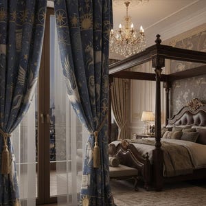 May include: Dark blue curtains with gold celestial and mythological illustrations, tied back with gold rope and tassels. The curtains frame a window overlooking a cityscape. A four-poster bed with a brown headboard is visible in the background.