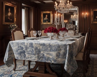 Classic French Toile de Jouy pattern  Indian Traditional Cotton Poly modern floral  Print Tablecloth