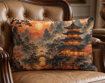 Funda de cojín lumbar con paisaje japonés: decoración floral tradicional (15 tamaños)