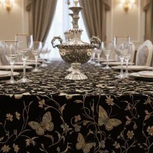 May include: A formal dining table set for a special occasion. The black tablecloth features a butterfly and floral pattern. Silverware, plates, and wine glasses are set for each guest. A decorative silver centerpiece is in the middle.