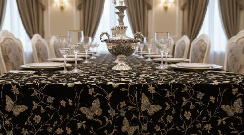 May include: A formal dining table set for a special occasion. The black tablecloth features a butterfly and floral pattern. Silverware, plates, and wine glasses are set for each guest. A decorative silver centerpiece is in the middle.