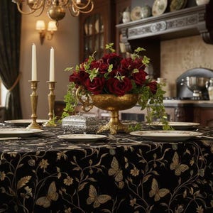 May include: A dining table set for a formal occasion. The table is covered with a black tablecloth featuring a gold butterfly pattern. A gold centerpiece holds red roses. Gold candle holders and plates are set for dining.