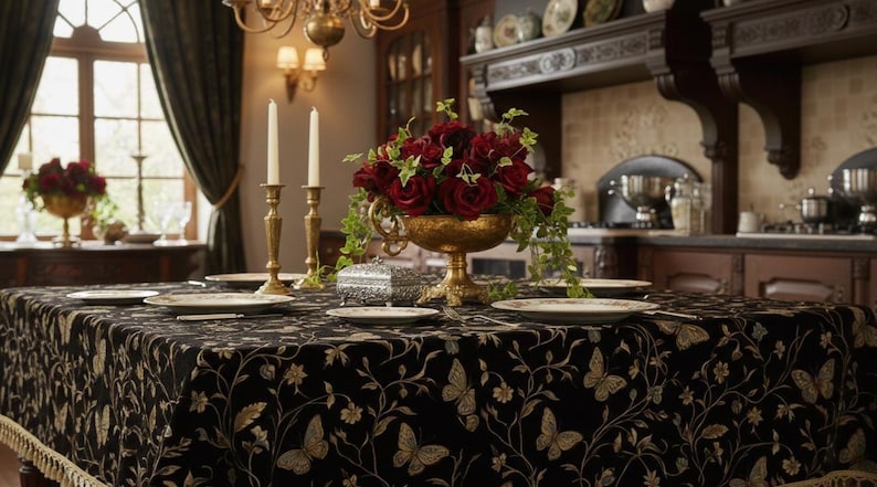 May include: A dining table set for a formal occasion. The table is covered with a black tablecloth featuring a gold butterfly pattern. A gold centerpiece holds red roses. Gold candle holders and plates are set for dining.