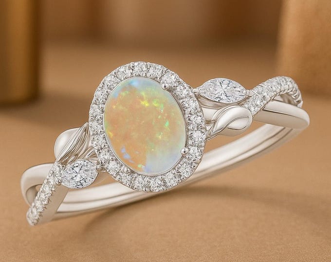 Featured listing image: 7x5MM Natural Oval Opal Ring with Diamond Halo | 14K Solid White Gold Opal Engagement Ring | October Birthstone Jewelry | Dainty Handmade